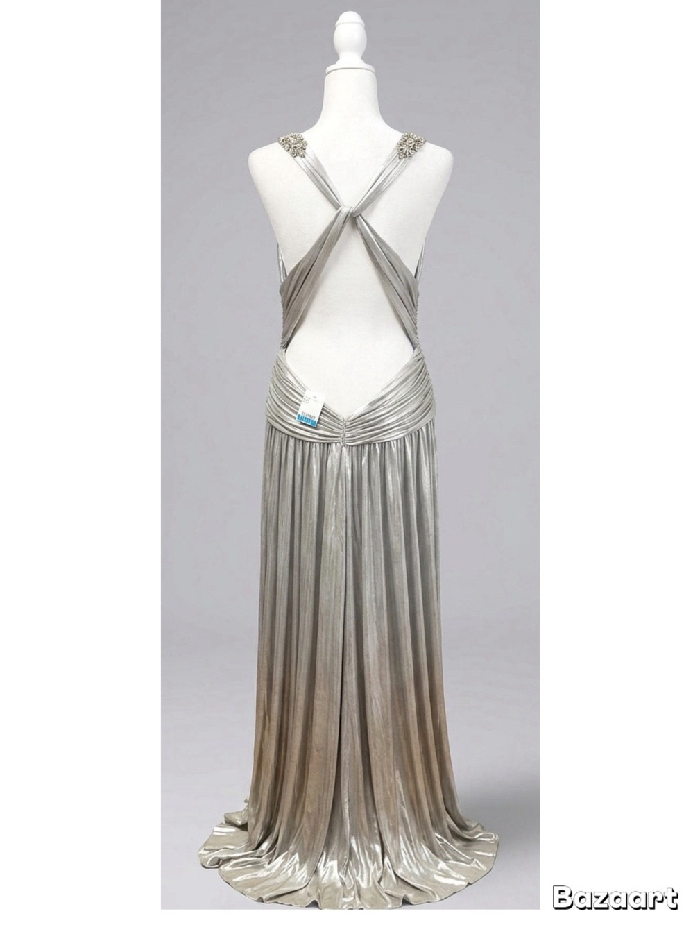 Faviana Silver Metallic Grecian Evening Gown Sz 16 - Picture 2 of 8